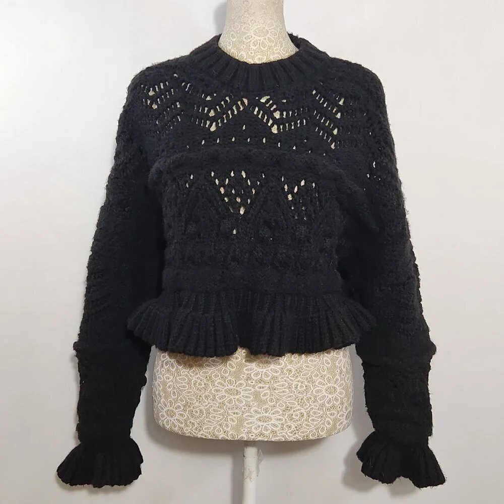 Zara Women's Size S Black Chunky Knit Bell Sleeve Open Weave Cropped Sweater